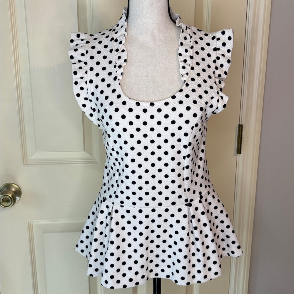 Anthropologie Postmark Polka Dot Peplum Ruffle Top White and Black size M